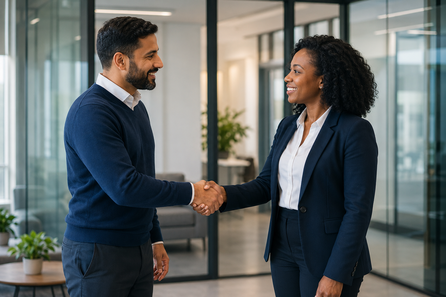 Two professionals shaking hands after a recruitment meeting